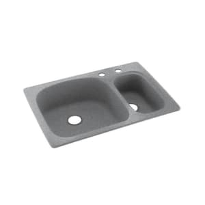 Dual-Mount Solid Surface 33 in. x 22 in. 2-Hole 70/30 Double Bowl Kitchen Sink in Gray Granite