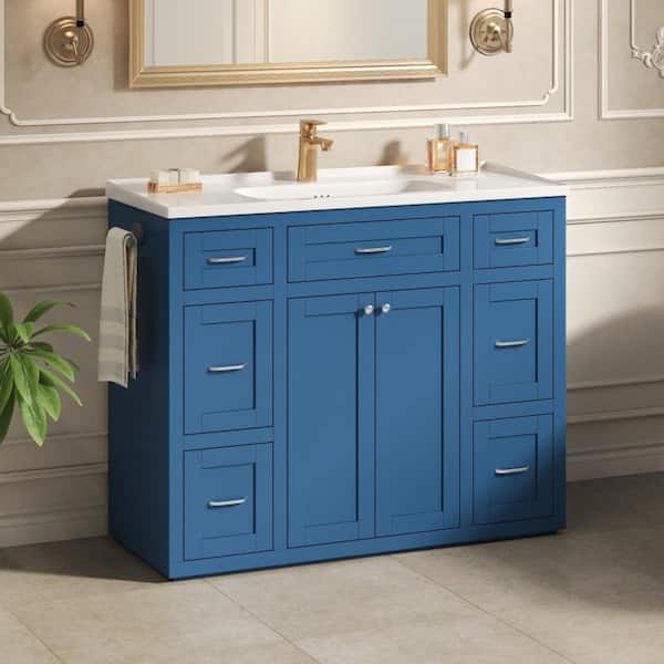 48" Navy Blue Bathroom Vanity with Ceramic Sink, 6 Drawers, Soft-Close Double Doors, Reversible Side Towel Rack