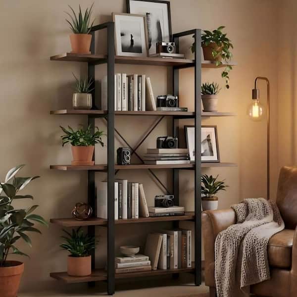 72 in. H 5-Tier Brown Wood Bookcase with Sturdy Metal Frame, Industrial Storage Display Shelves for Living Room, Study