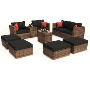 10-Piece Brown Wicker Outdoor Sectional Set with Black Cushions Red Pillows and Protection Cover for Patio Garden
