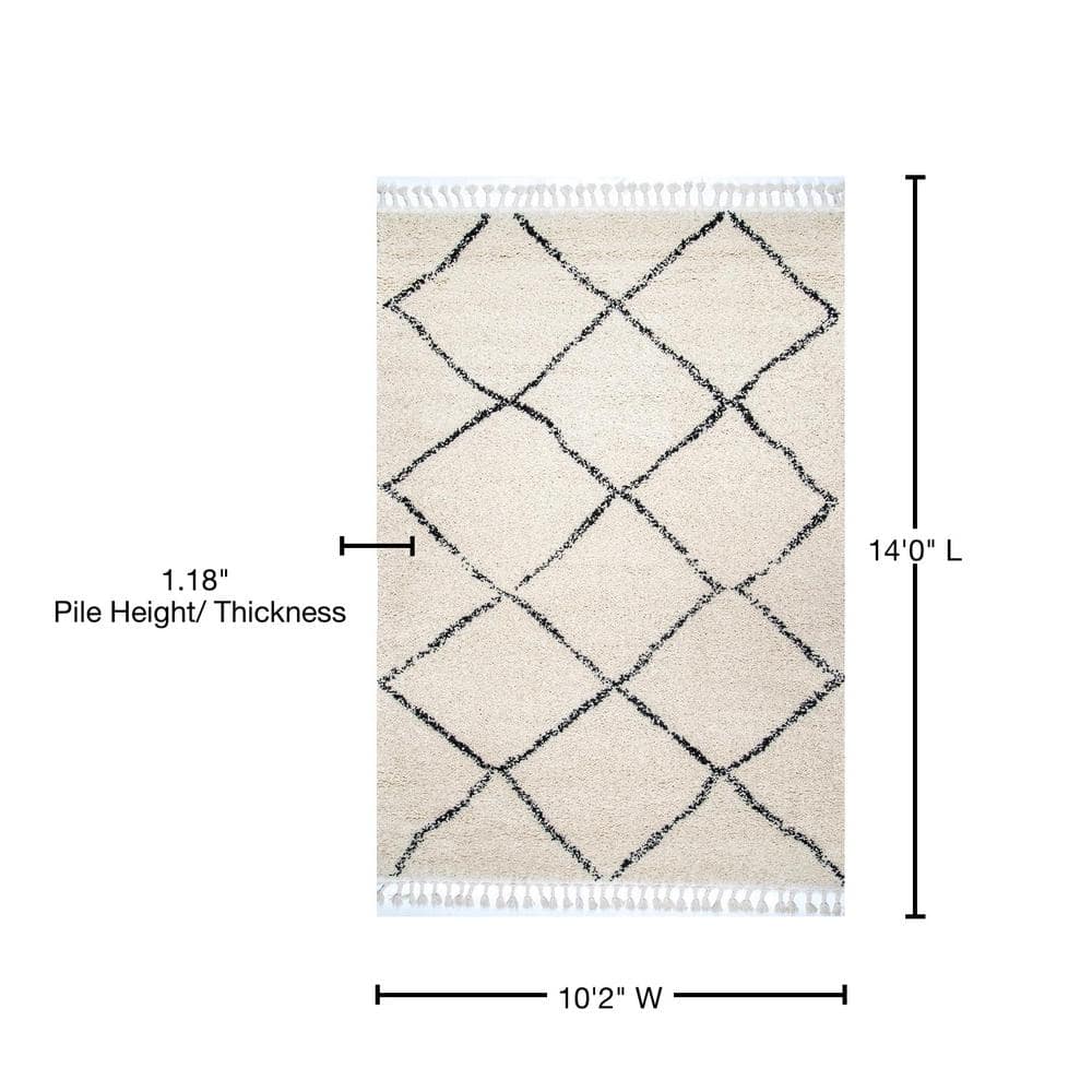 Off-White and Black Synthetic Shag Rectangular Area Rug 10' x 14'