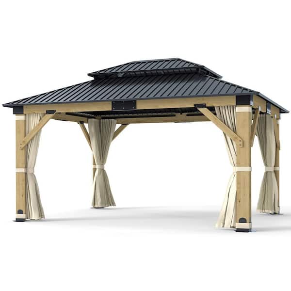 13 ft. x 15 ft. Wood Frame Outdoor Patio Double Galvanized Steel Roof Hardtop Gazebo with Netting and Privacy Curtains