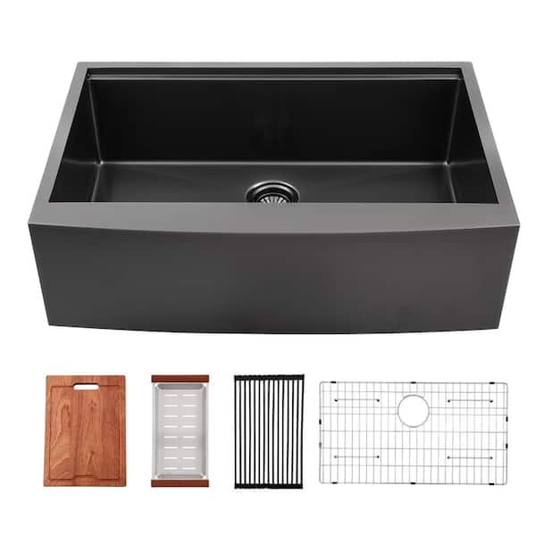 LORDEAR Gunmetal Black Workstation Sink 36 in. x 22 in. Single Bowl 16G Stainless Steel Farmhouse Kitchen Sink with Bottom Grid