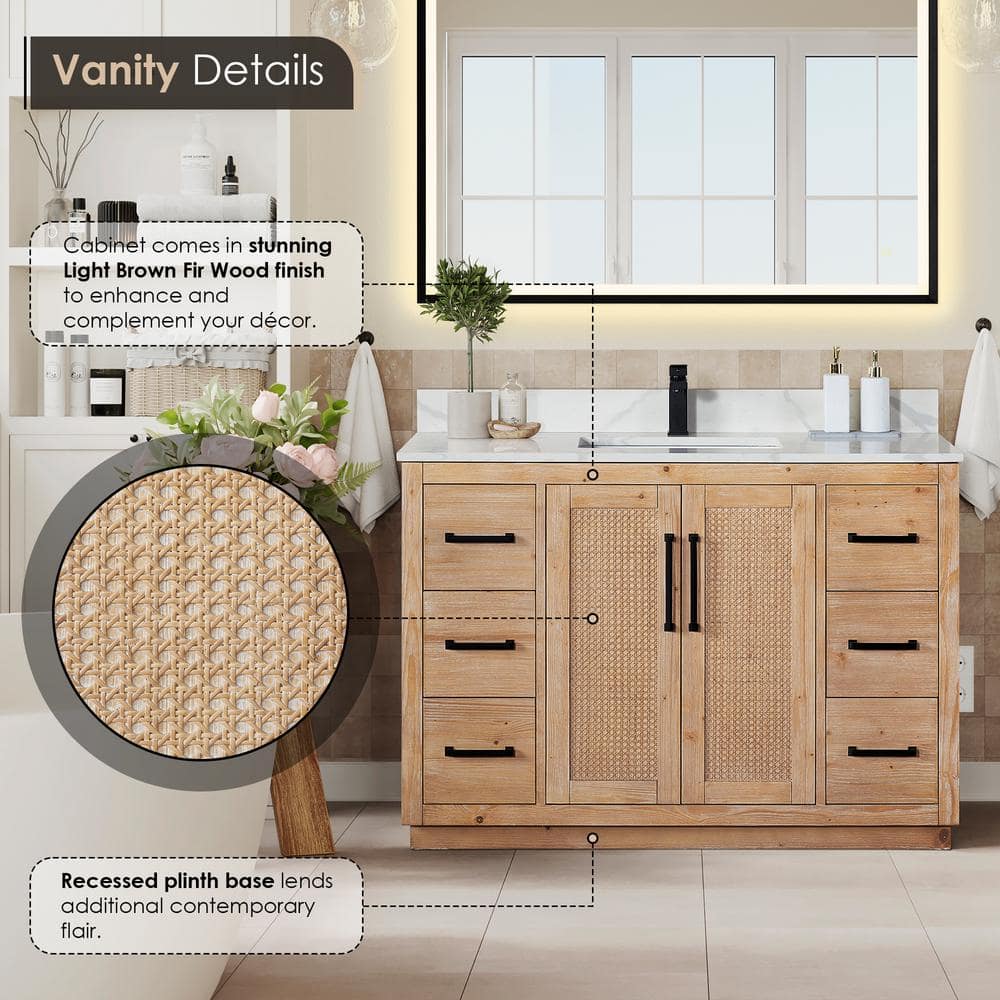 Light Brown Fir Wood Vanity with Calacatta Quartz Top, 48 Inch