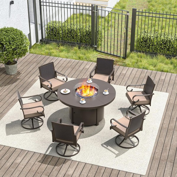 7-Piece Metal Patio Conversation Set with 48 in. Round Fire Pit Table, Wind Guard, 6 Back-Weaving Chairs, Cushion Sand