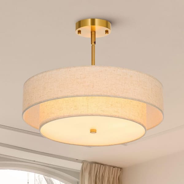 18 in. 4-Light Antique Brass Semi-Flush Mount Ceiling Light Fixture Drum Pendant Light with 2-Layer Fabric Shade