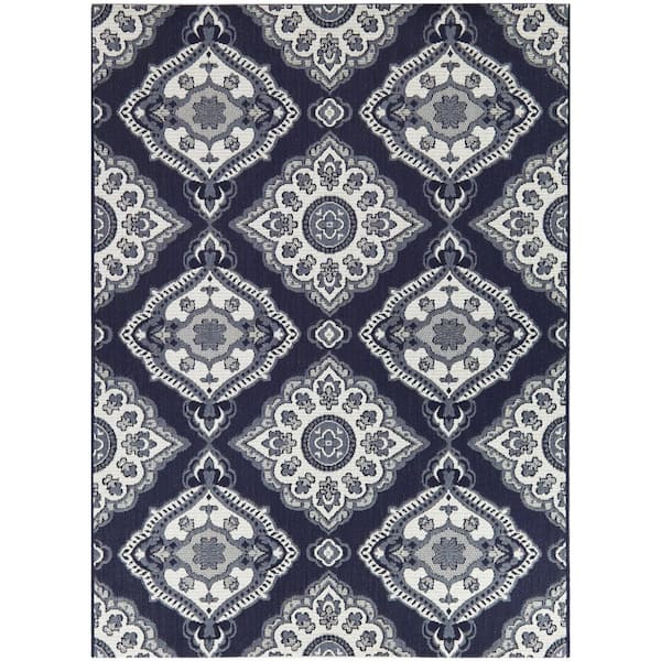 Hampton Bay Oak Hill Navy 8 ft. x 10 ft. Medallion Indoor/Outdoor Area Rug