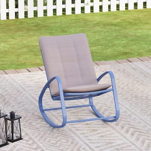 Blue Metal Outdoor Rocking Chair with Gray Cushions