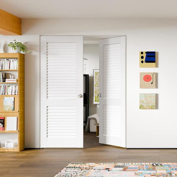 60 in. x 80 in. Composite, MDF, Louvered Panel, Primed, White Interior Door Slab With Silver Sphere Doorknob