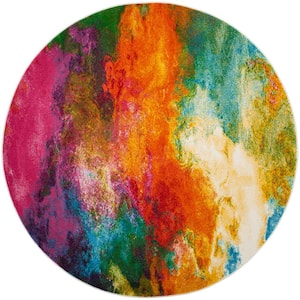 Watercolor Orange/Green 5 ft. x 5 ft. Round Abstract Area Rug