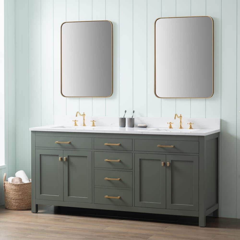Vintage Green Double Vanity with Carrara White Top and Brushed Bronze Hardware