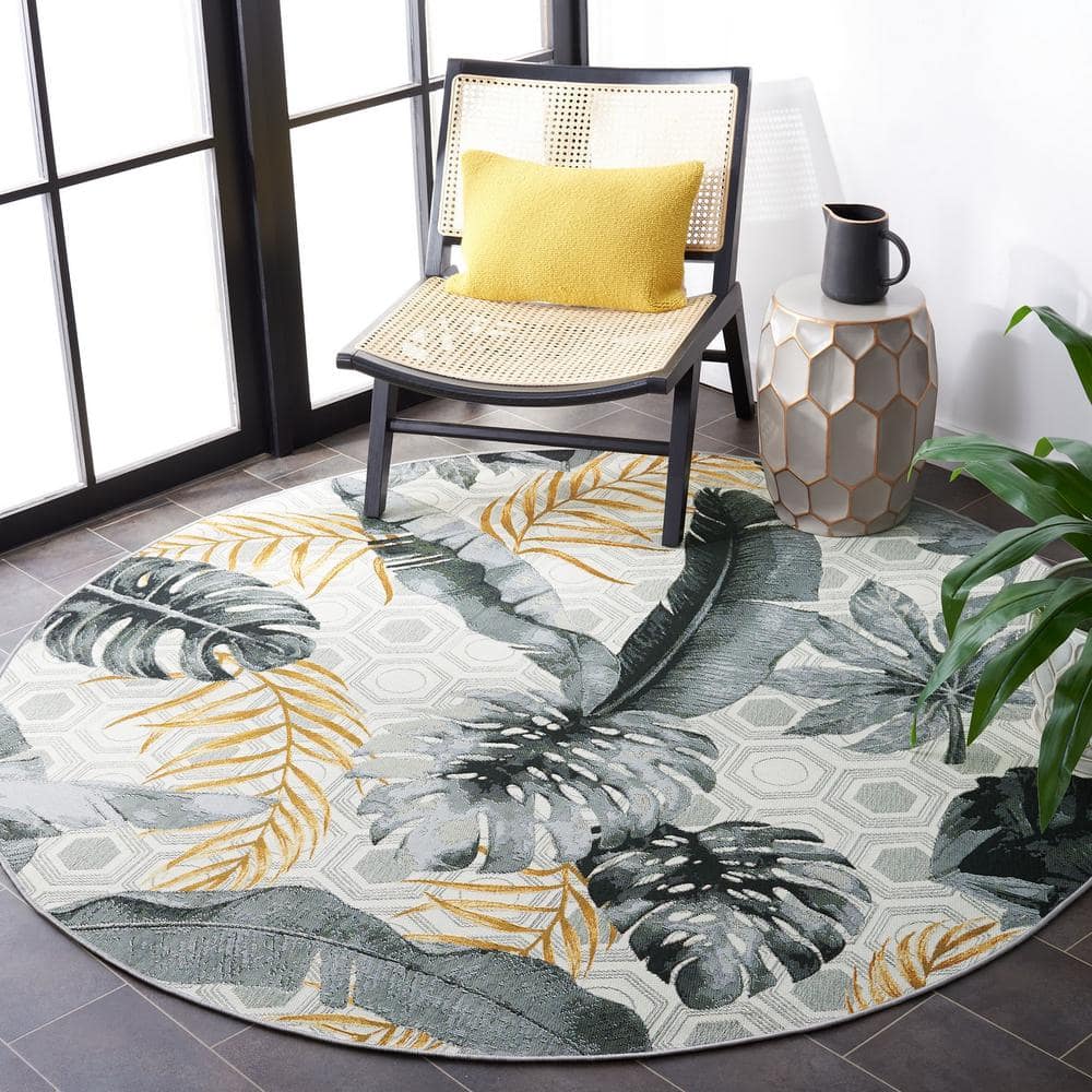 Gray and Gold Tropical Botanical Round Synthetic Area Rug, 8' x 8'