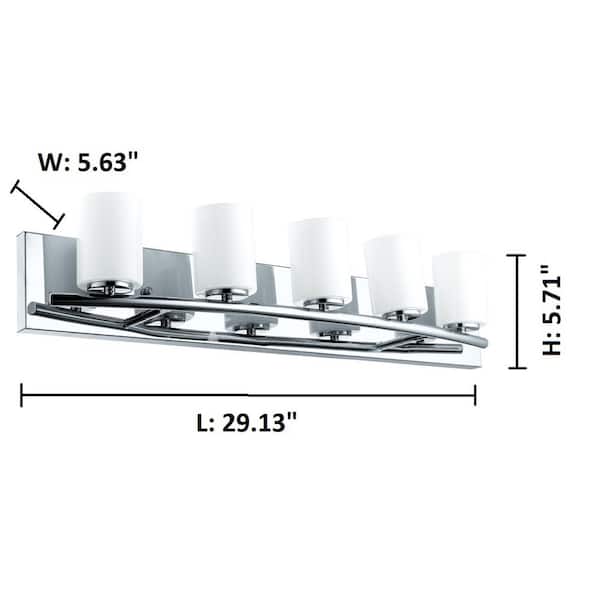 Abete 29.125 in. W 5-Light Chrome Bath Vanity Light with White Glass Shades