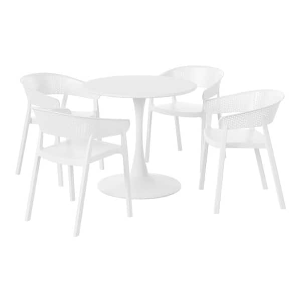 Frond and Form Outdoor Patio Modern 5-Piece Round HDPE Plastic Dining Table Set with Stackable Chairs, White
