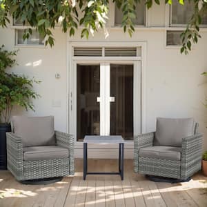 U-Foot 3-Piece Gray Swivel Glider Wicker Outdoor Rocking Chair with Gray Cushions and Side Table