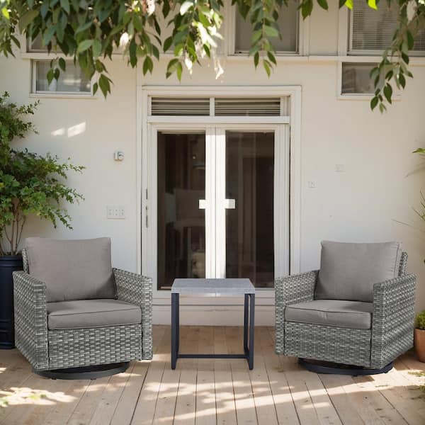 moosprr U-Frame 3-Piece Gray Swivel Glider Wicker Outdoor Rocking Chair with Gray Cushions and Side Table