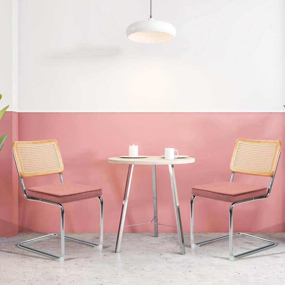 2-Piece Sliver Steel Outdoor Dining Chair with Pink Cushions， High-Densit