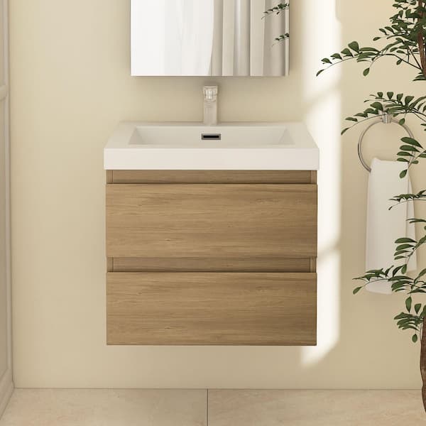 24 in. W x 20 in. D x 22 in. H Single Sink Floating Bath Vanity in Natural Oak with Glossy White Resin Top