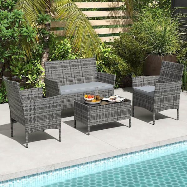 4-Piece Wicker Patio Conversation Set with Tempered Glass Coffee Table and Washable Gray Cushions