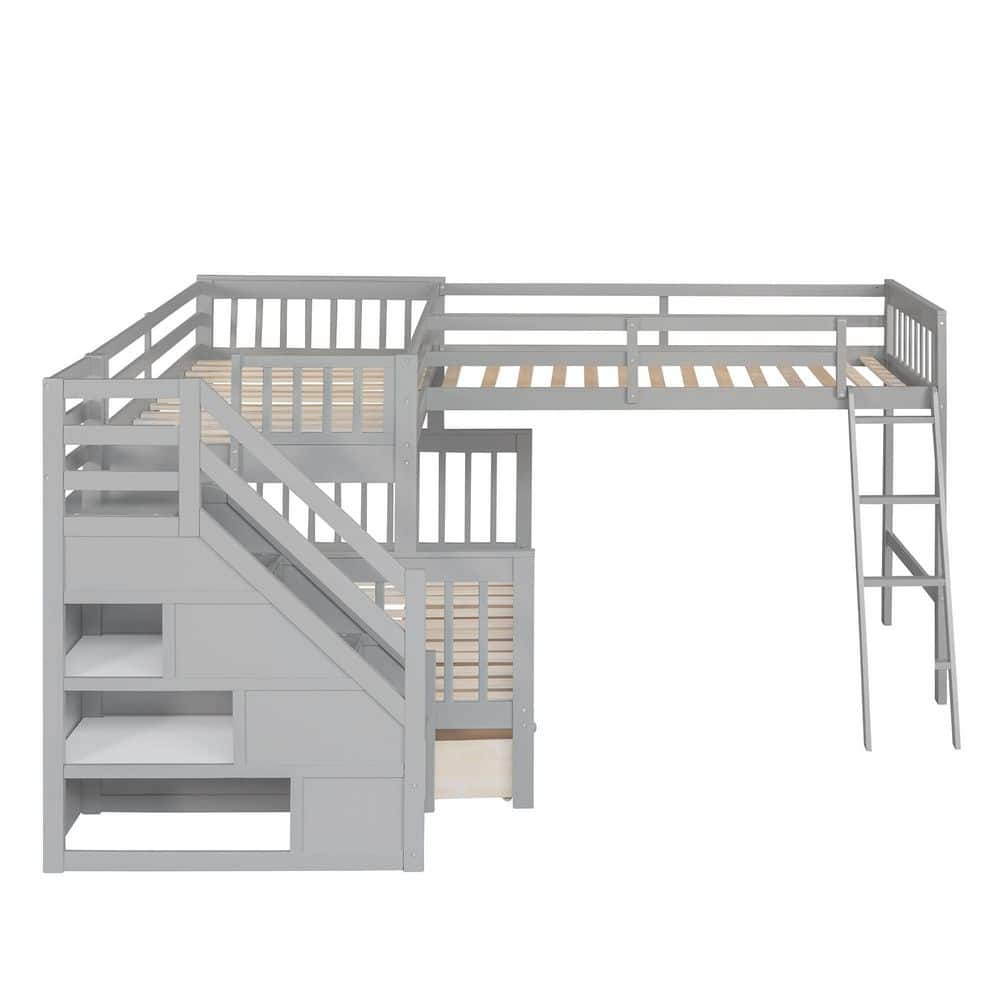 STICKON Gray Twin Over Full L-Shaped Wood Bunk Bed with 3-Drawers ...