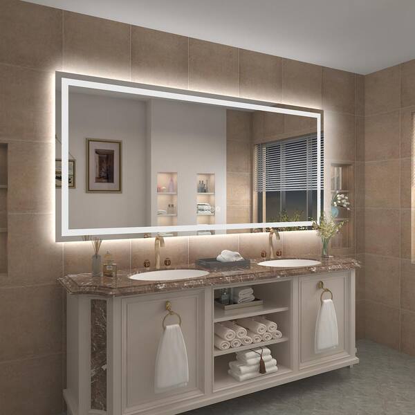 KIOTEE 84 in. W x 40 in. H Rectangular Frameless Front Back Lighted Anti-Fog Wall Bathroom Vanity Mirror, Tempered Glass, ETL