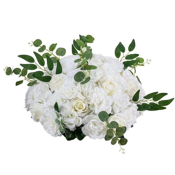 Flower Balls Arrangement Bouquet, 10.6 in. White Indoor & Outdoor Artificial Roses Flower Balls Centerpieces for Wedding