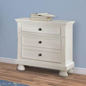Transitional Style White Two-Drawer Wooden Night Stand with Round Bun Legs 28" L x 18" W x 29.25" H