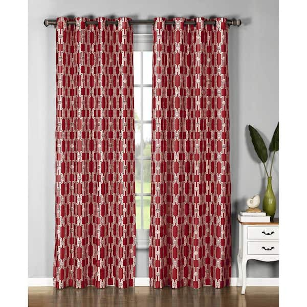 Window Elements Red Geometric Faux Silk Grommet Room Darkening Curtain - 54 in. W x 96 in. L  (Set of 2)