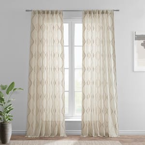 Suez Bronze Striped Embroidered Rod Pocket Sheer Curtain 50 in. W x 84 in. L (Panel 1)