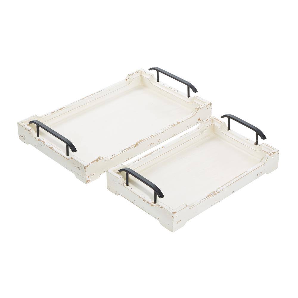 White Distressed Pine Wood Decorative Trays with Metal Handles, Set of 2
