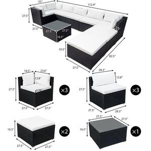 Classic Black Wicker Outdoor Sofa Chaise Lounge with White Cushions (9-Piece)