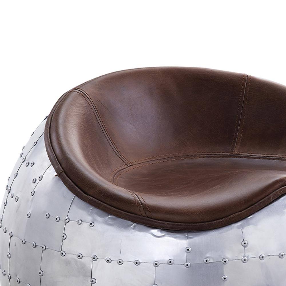 Retro Brown Top Grain Leather and Aluminum Round Ottoman