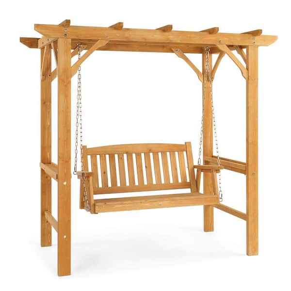 7 ft. 2-Person Wood Outdoor Patio Swing with Arched Stand in Teak
