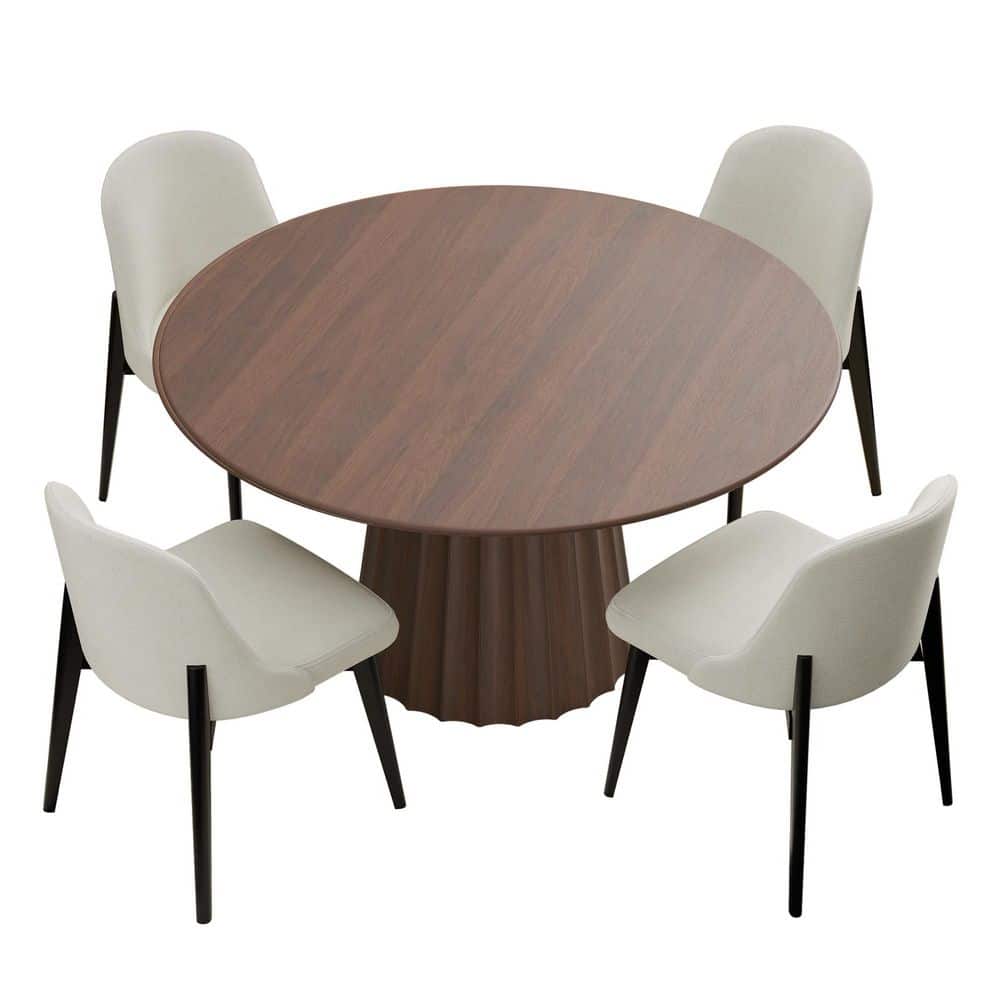 5-Pieces Walnut Round Wooden Top Dining Table Set 4 Seats with Wood Frame, Upholstered White Ergonomic Dining Chair
