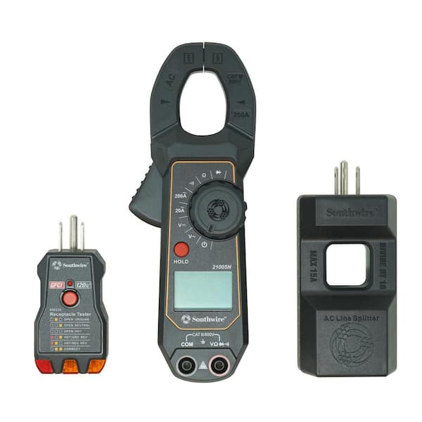 Southwire Clamp Meter Kit Consisting of 200 Amp AC Clamp Meter, AC Line Splitter, and 120-Volt AC GFCI Receptacle Tester