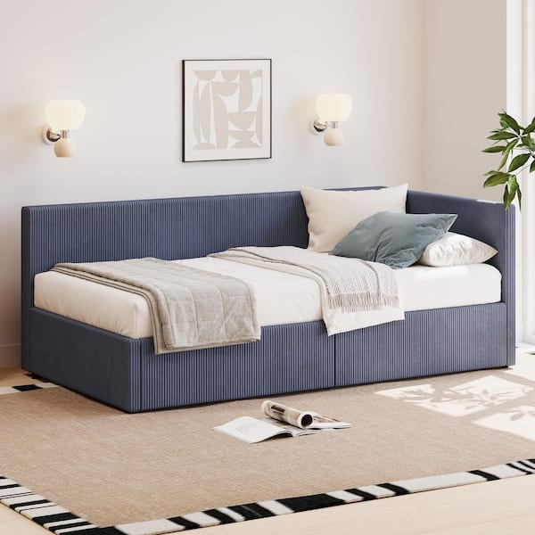 Nursing Blue Corduroy Upholstered Twin Size Daybed with 2 Storage Drawers