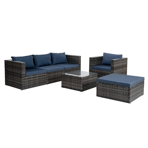 Tunearary 6-Piece Outdoor Patio PE Wicker Furniture Set with Tempered Glass Coffee Table and Blue Seat and Back Cushions