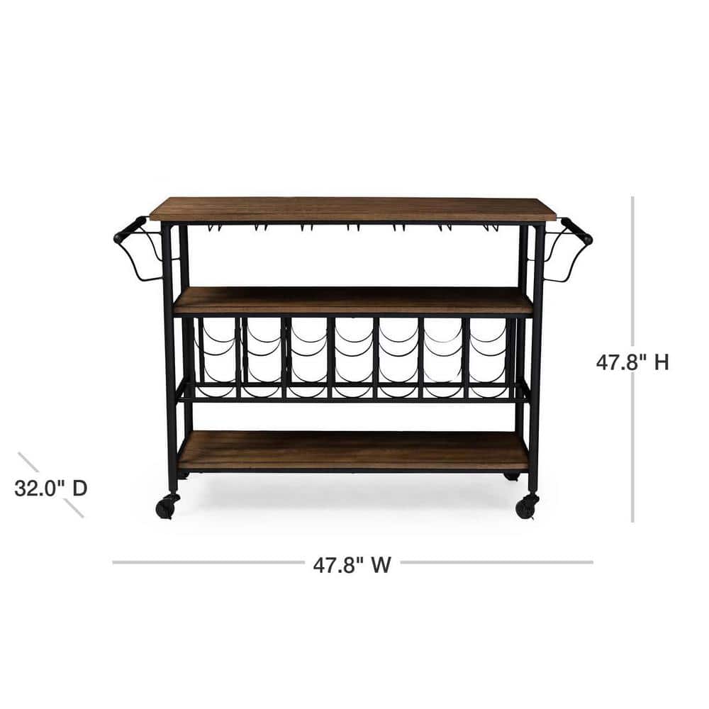 Antique Black & Weathered Oak Mobile Bar Cart with Wine Rack and Storage