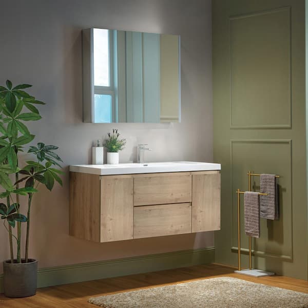 NJ 47.25 in. W x 19.63 in. D x 22.5 in. H Single Sink Floating Bath Vanity in Natural Oak with White Resin Top