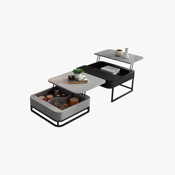 Unbranded 31.5 in. Modern Black Rectangle Wood Lift-Top Coffee Table with Hidden Storage and Drawer (Set of 2)