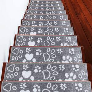 Paw Collection Gray White 9 in. x 28 in. Polypropylene Stair Tread Cover (Set of 13)