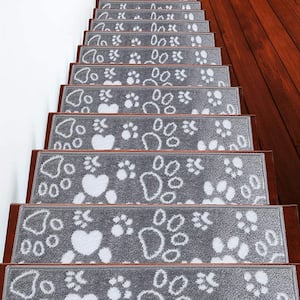 Paw Collection Gray White 9 in. x 28 in. Polypropylene Stair Tread Cover (Set of 7)