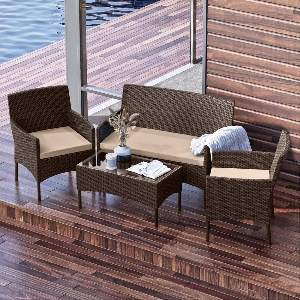 HEARTH & HARBOR 4Piece Brown Patio Outdoor Furniture Wicker