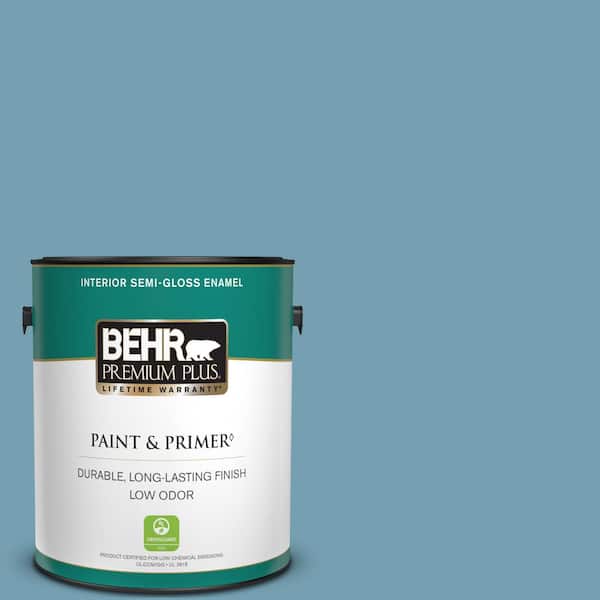 BEHR PREMIUM PLUS 1 gal. #S480-4 Saga Blue Semi-Gloss Enamel Low Odor Interior Paint & Primer