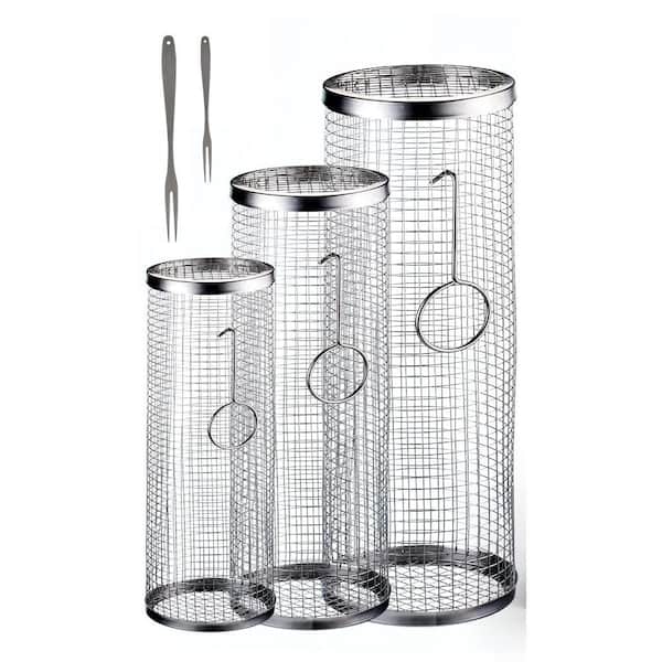 Stainless Steel Rolling Grill Basket with Round and Mesh for Outdoor Grilling, Vegetables, French Fries and Fish(1-Pack)