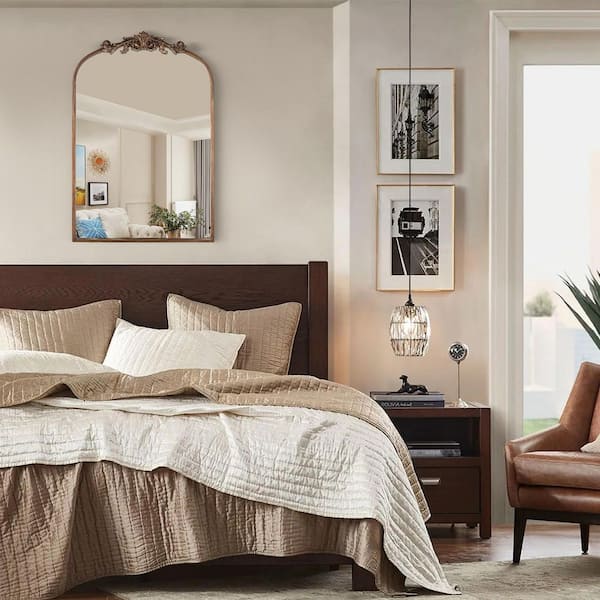 24 in. W x 36 in. H Arched Antique Gold Finish Framed Baroque Accent Wall Decorative Mirror