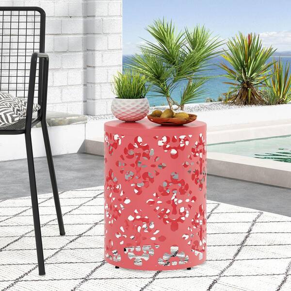 1-PC Red Metal Outdoor Side Table with Powder-Coated Iron & Floral