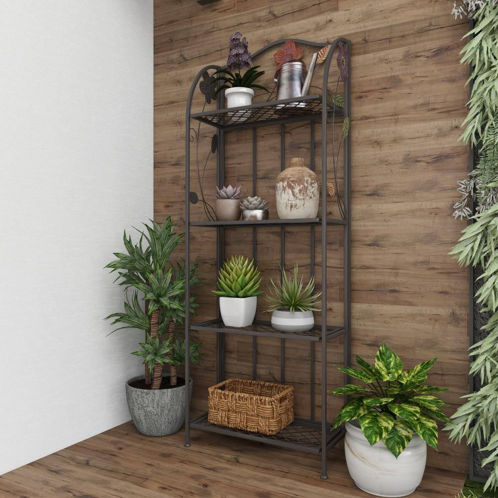 Black Metal Floral Tall Folding Bakers Rack with 4 Shelves