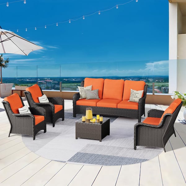 OVIOS Janus Brown 5-Piece Wicker Patio Conversation Seating Set with Orange Red Cushions and Coffee Table