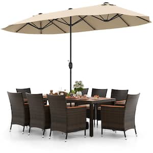 10-Piece Wood Outdoor Dining Set with 15  ft. Beige Double-Sided Twin Patio Umbrella and Beige Cushion